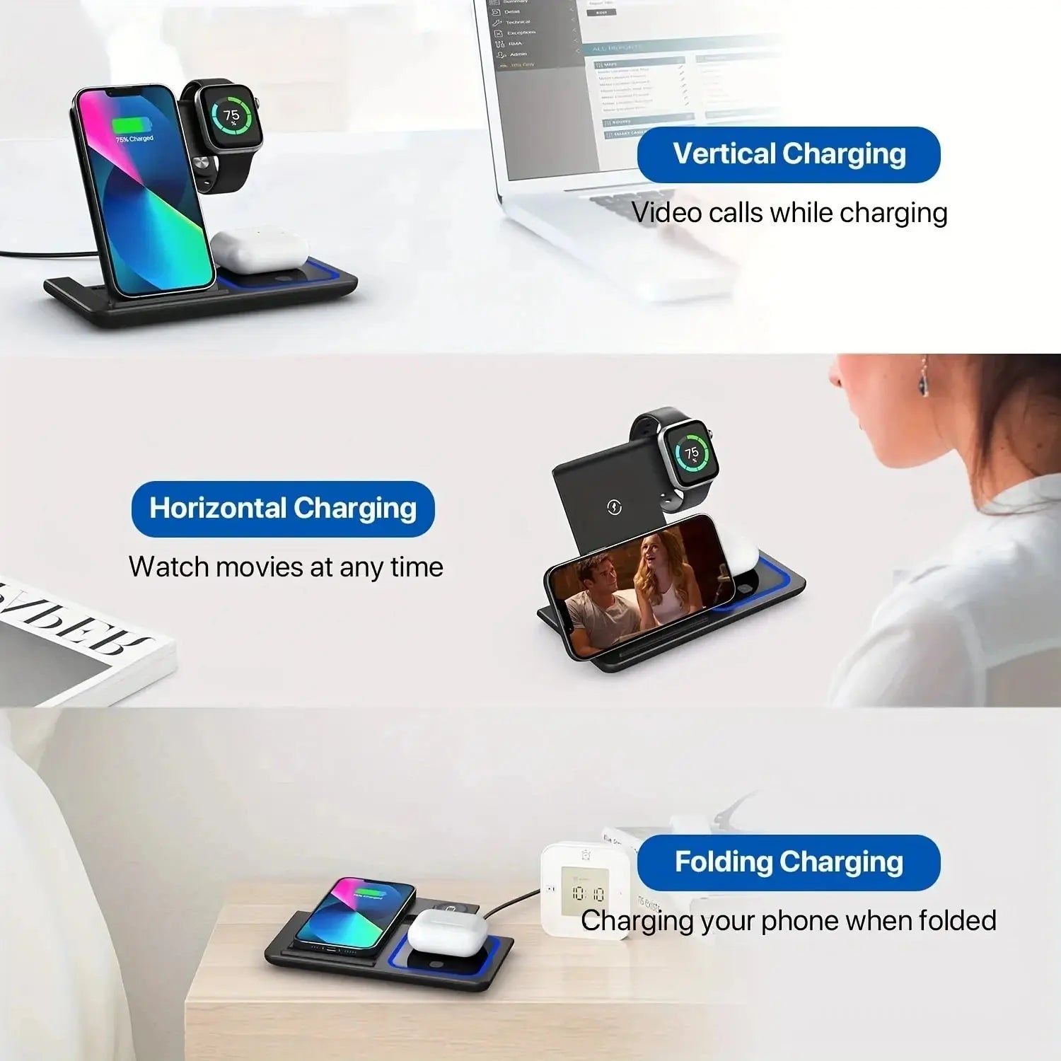 30W LED Fast Wireless Charger 3 in 1 Foldable Charging Station For iPhone 16 15 14 13 12 11 Apple Watch 9 8 7 6 5 Airpods Pro/3 Pinnacle Luxuries