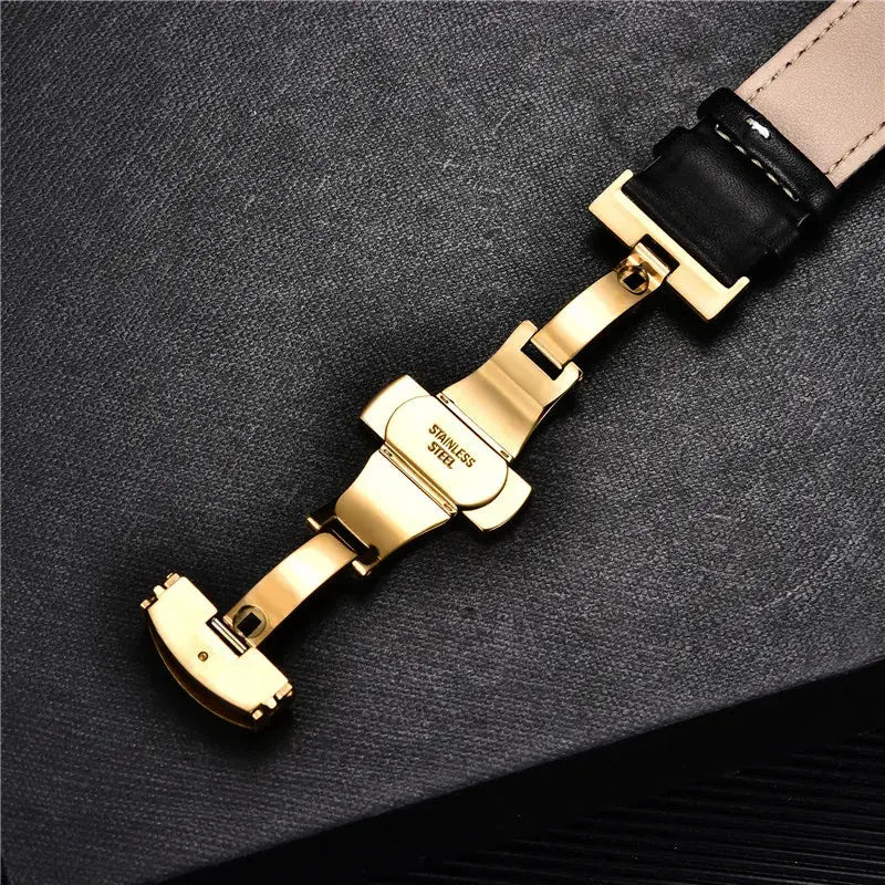 Smooth Genuine Calfskin Leather Watchband 18mm 20mm 22mm 24mm Straps with Solid Automatic Butterfly Buckle Business Watch Band Pinnacle Luxuries