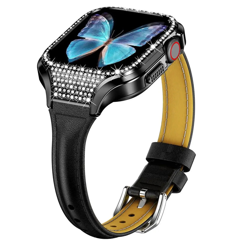 Diamond Luxe Steel Case and Leather Band for Apple Watch - Pinnacle Luxuries